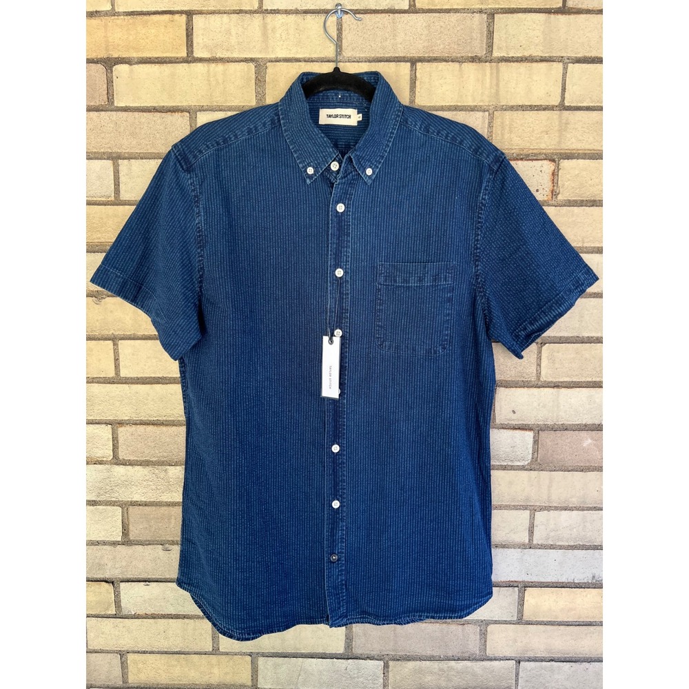 Taylor Stitch Natural Indigo Stripe Short Sleeve Button Down Shirt Men's Medium